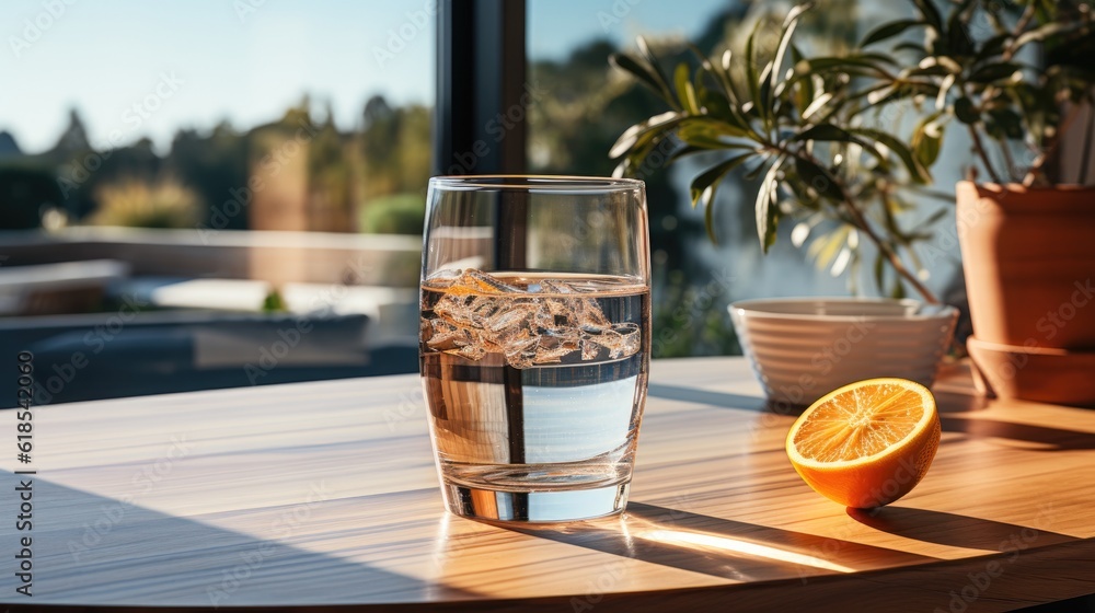 Glass of water with a bottle on table.