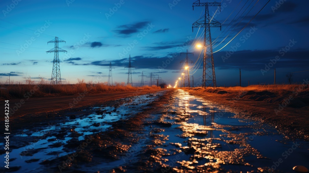 High voltage power lines at sunset,high voltage electric transmission tower.