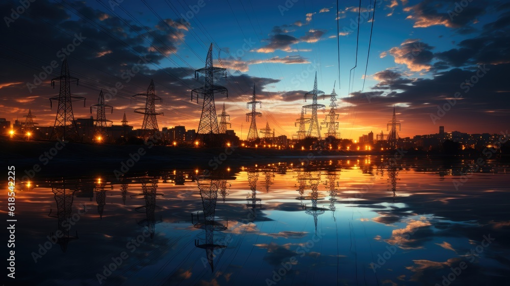 High voltage electric pole and transmission lines in the evening.