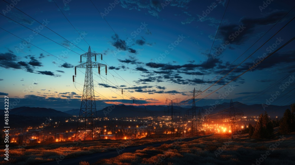 High voltage power lines at sunset,high voltage electric transmission tower.