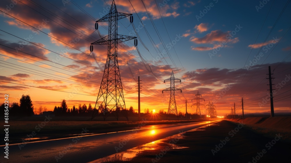 High voltage electric pole and transmission lines in the evening.