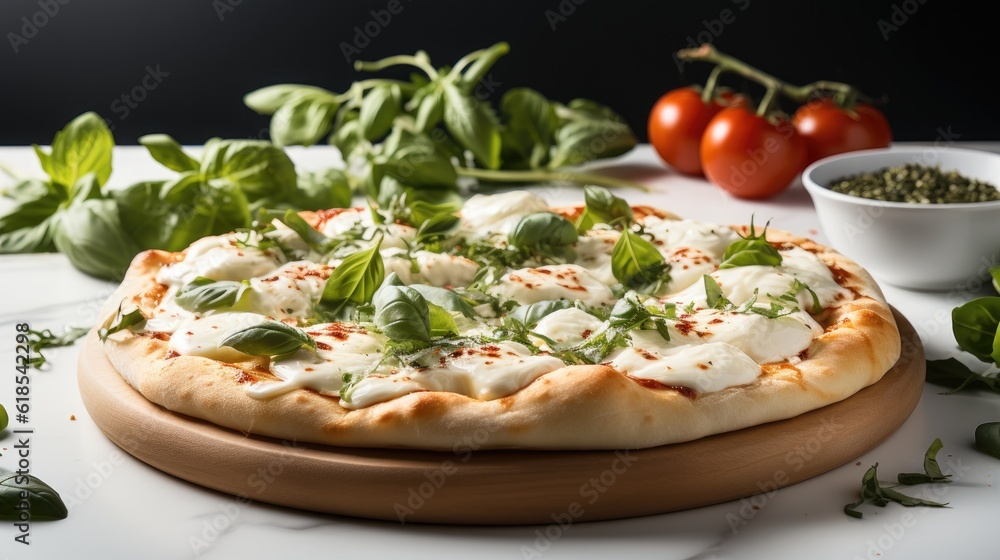 Top View of Italian Mozzarella Pizza And Basil Leaves Nearby On Table.