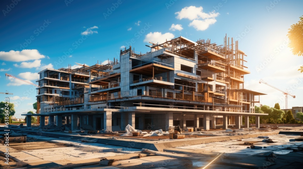 Modern building under construction against, Construction work site.