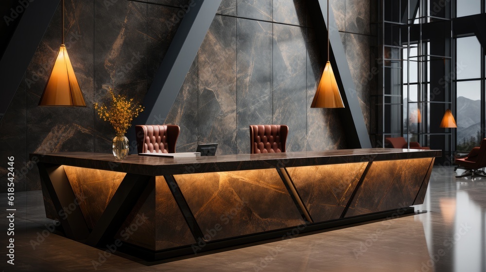 Stylish reception desk with modern hotel lobby.