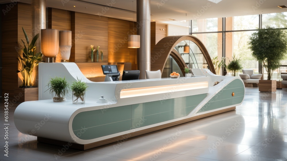 Stylish reception desk with modern hotel lobby.