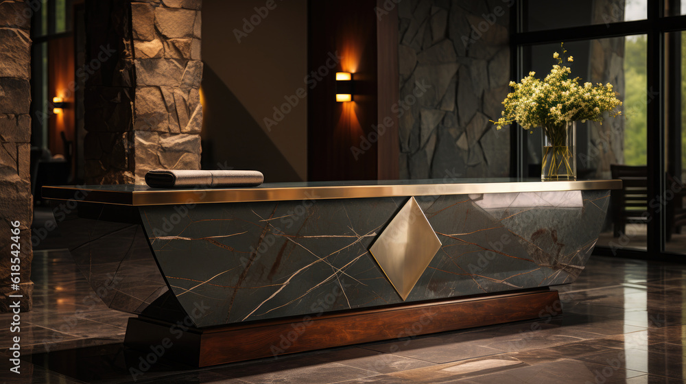 Stylish reception desk with modern hotel lobby.