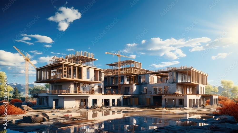 Modern building under construction against, Construction work site.