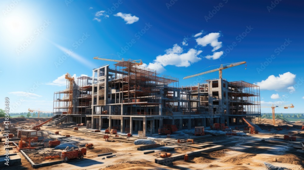 Modern building under construction against, Construction work site.