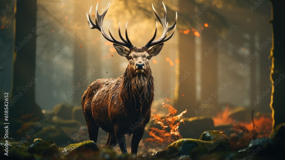 Red deer stag in the morning autumn mist at a forest.