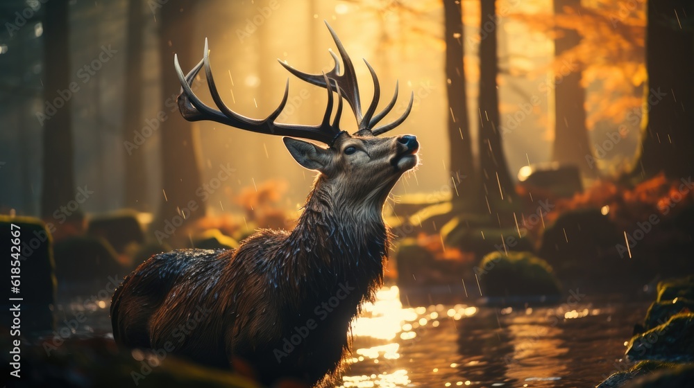 Red deer stag in the morning autumn mist at a forest.