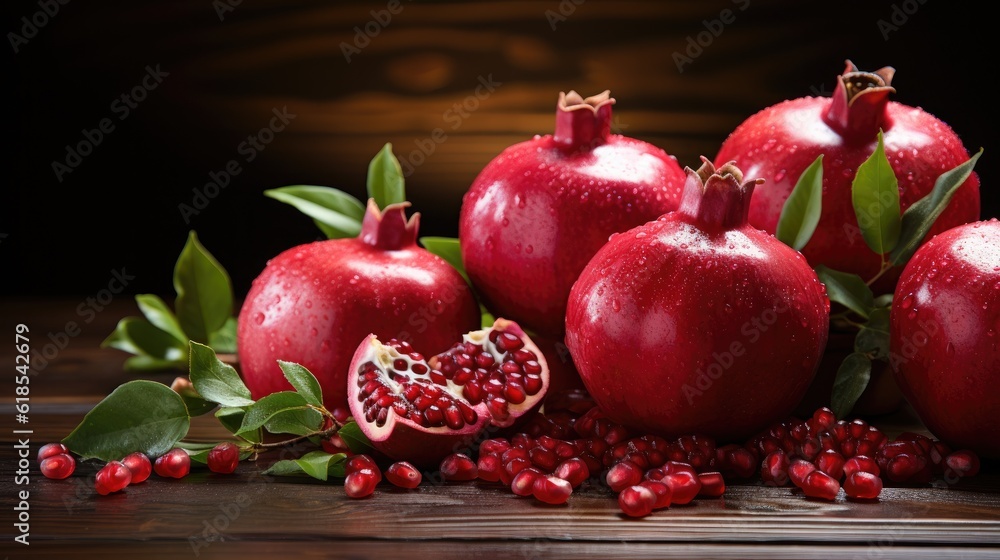 Ripe pomegranate fruits on the wooden background, Healthy pomegranate fruit with leaves and half of 