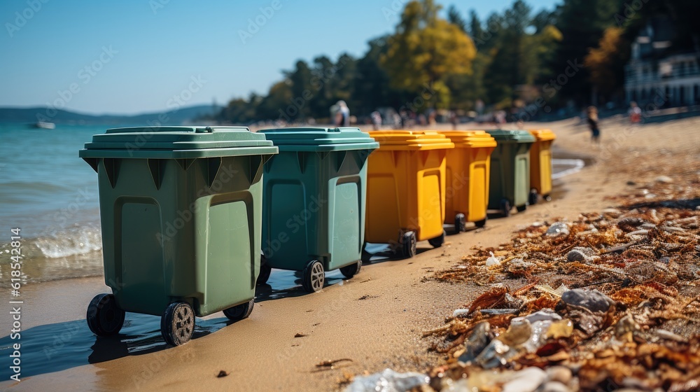 Three Colorful Plastic Waste Containers For Separate Collection Of Garbage, Trash Cans on sandy beac