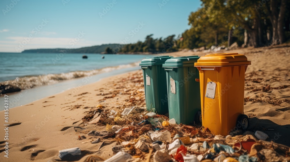 Three Colorful Plastic Waste Containers For Separate Collection Of Garbage, Trash Cans on sandy beac