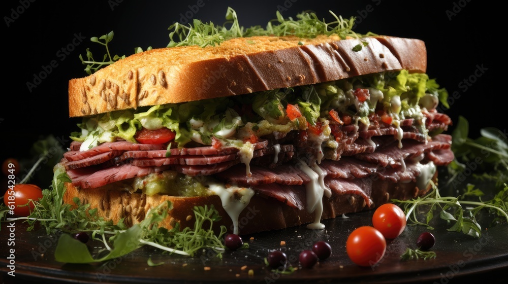 Tasty beef sandwich in black background, Fresh tasty burger, Delicious grilled burgers.