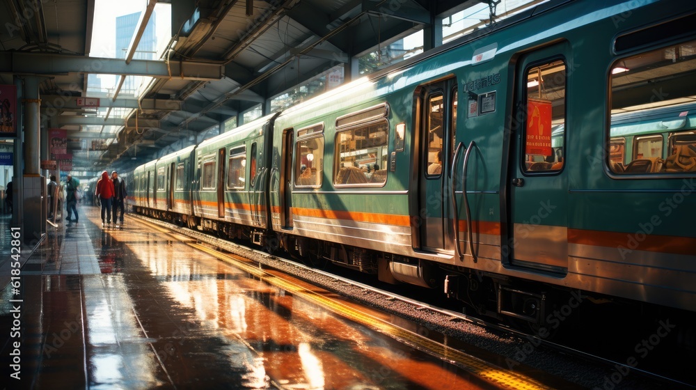 Tokyo Commuter Train, Japan railway local train during sunset.