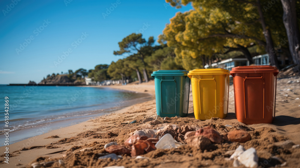 Three Colorful Plastic Waste Containers For Separate Collection Of Garbage, Trash Cans on sandy beac