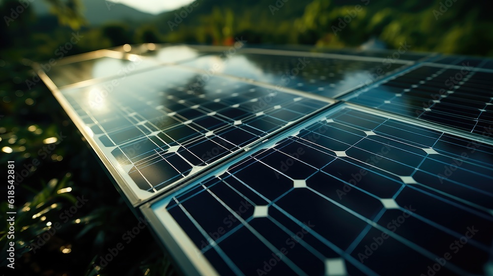 Solar panels in solar farm with sun lighting to create the clean electric power.