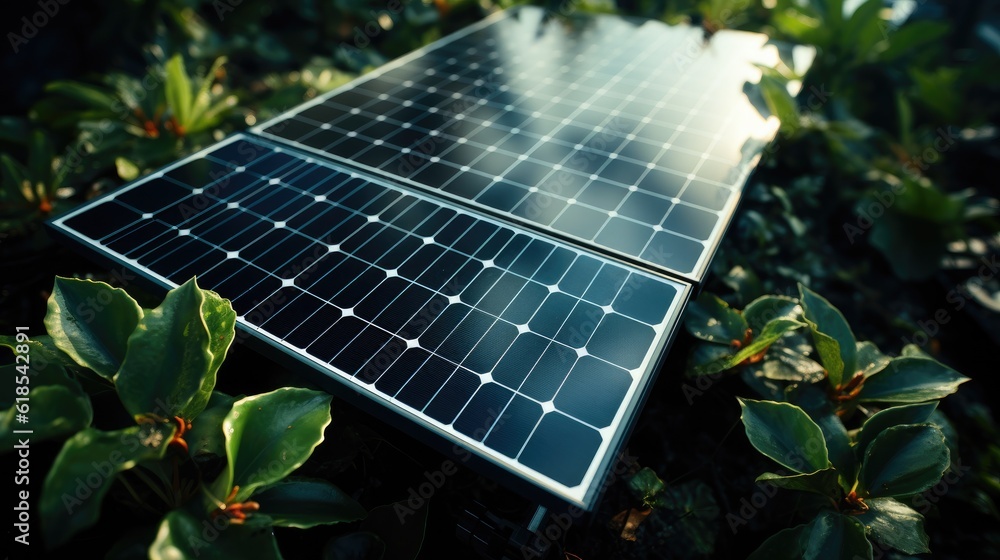 Solar panels in solar farm with sun lighting to create the clean electric power.