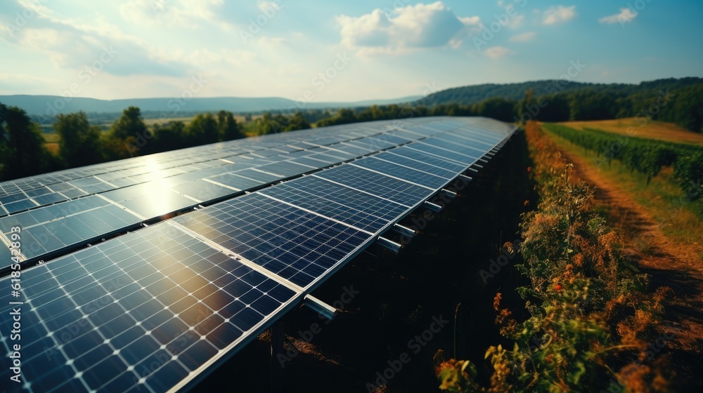 Solar panels in solar farm with sun lighting to create the clean electric power.