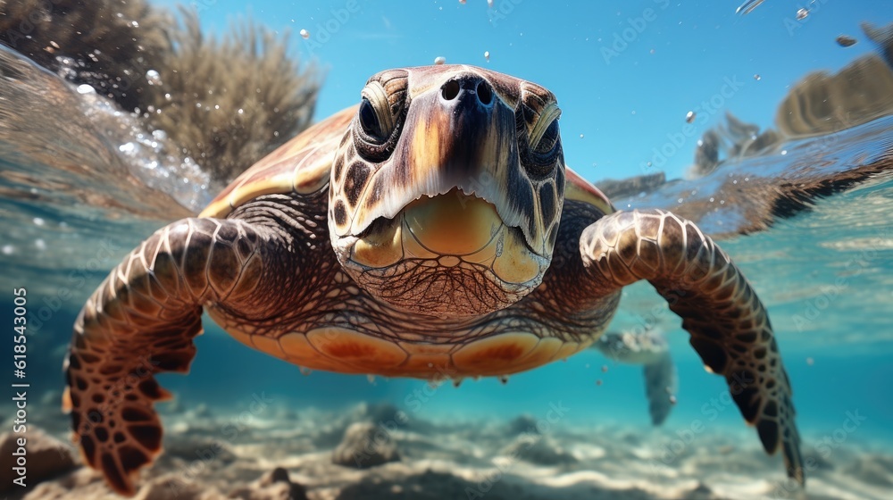 Hawaiian Green Sea Turtle swimming underwater.