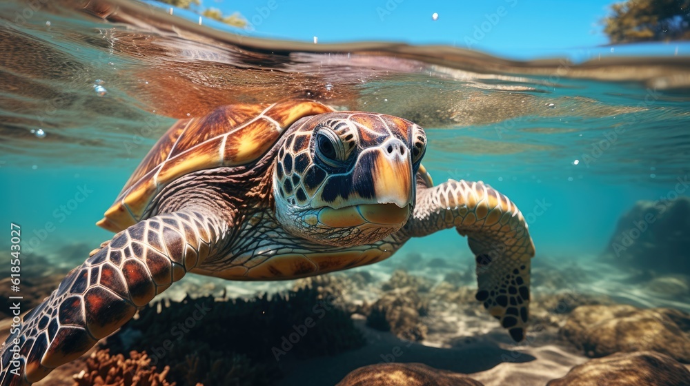 Hawaiian Green Sea Turtle swimming underwater.