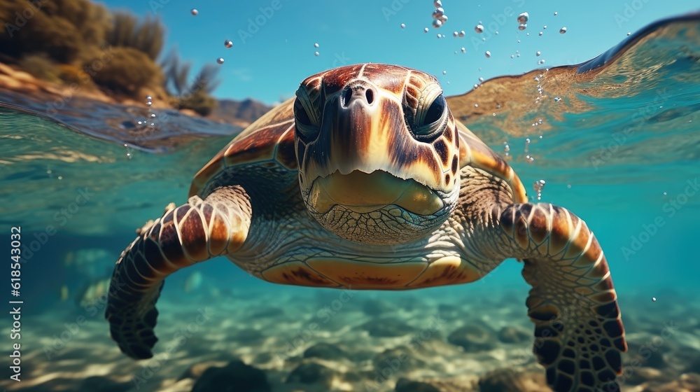 Hawaiian Green Sea Turtle swimming underwater.