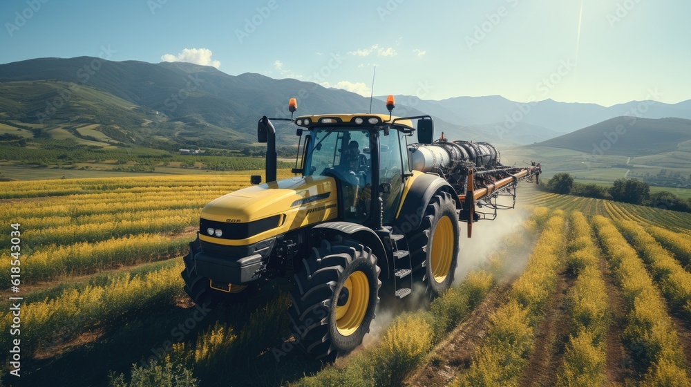 Tractor spraying chemical pesticides with sprayer on the large green agricultural field.