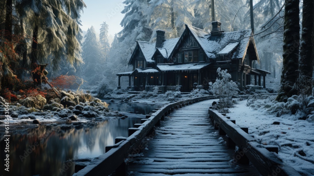 Wooden house in the forest covered in snow during winter.