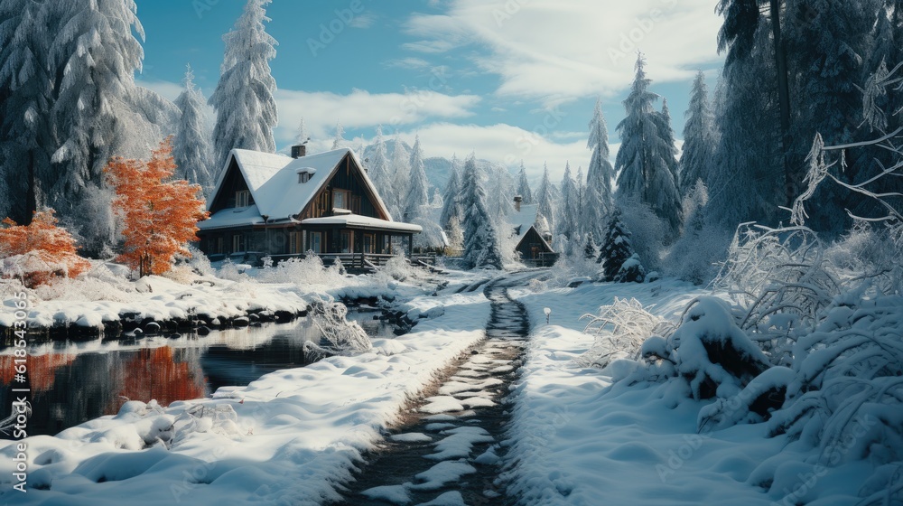 Wooden house in the forest covered in snow during winter.