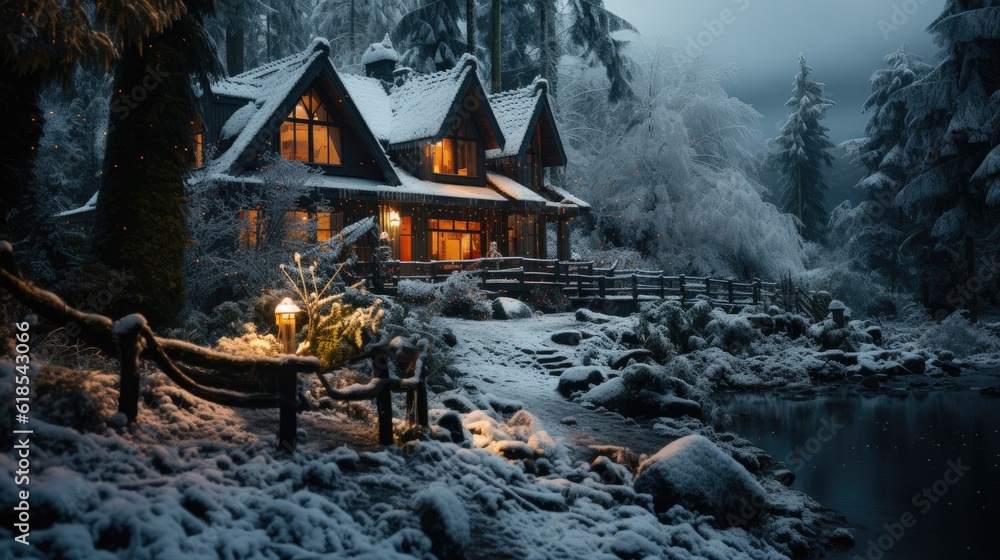 Rustic house covered in snow during winter..