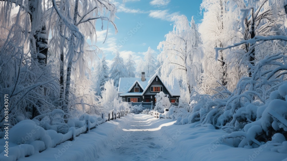 Wooden house in the forest covered in snow during winter.