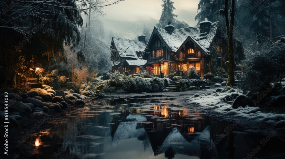 Rustic house covered in snow during winter..