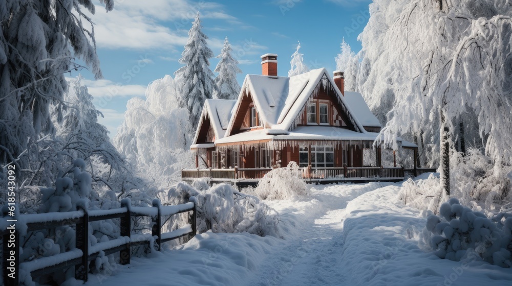 Rustic house covered in snow during winter..