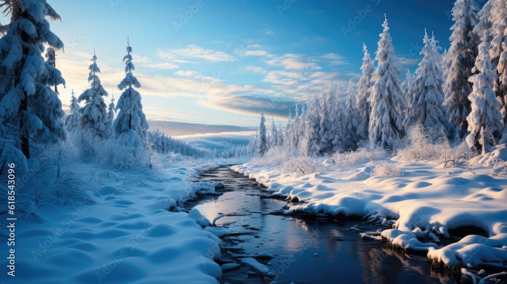 Wooden house in the forest covered in snow during winter.