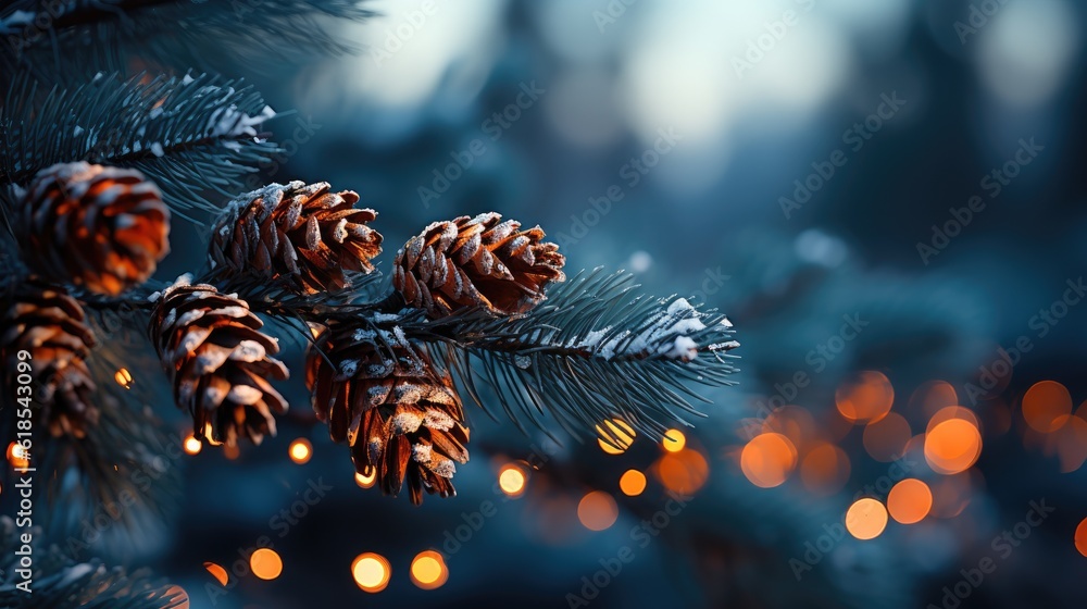 Fir tree branches with glowing Christmas lights background, Winter and holidays concept.