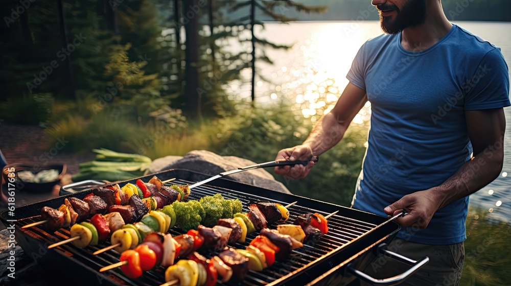 Crop man roasting vegetable kebabs on grill near lake