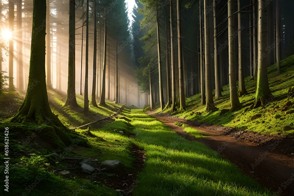 Sun rays through the forest