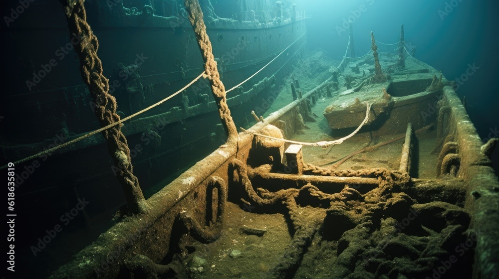 Shipwrecked Titanic, Remains of sunken ship wreck at the bottom of the ocean, Interior of a decaying