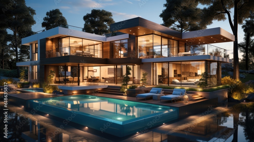 Night scene of modern Luxurious house with swimming pool.