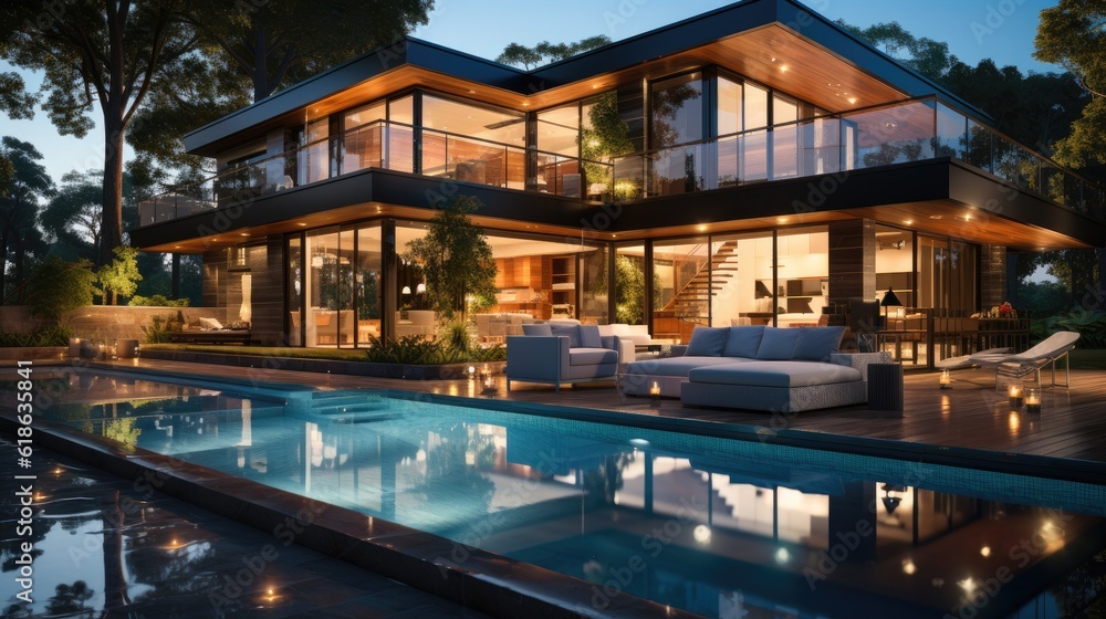 Night scene of modern Luxurious house with swimming pool.