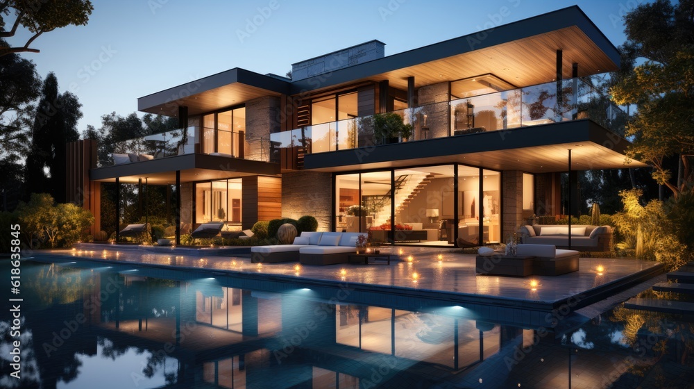 Night scene of modern Luxurious house with swimming pool.