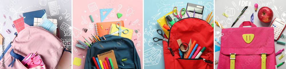 Collage with different school backpacks and stationery on colorful background, top view