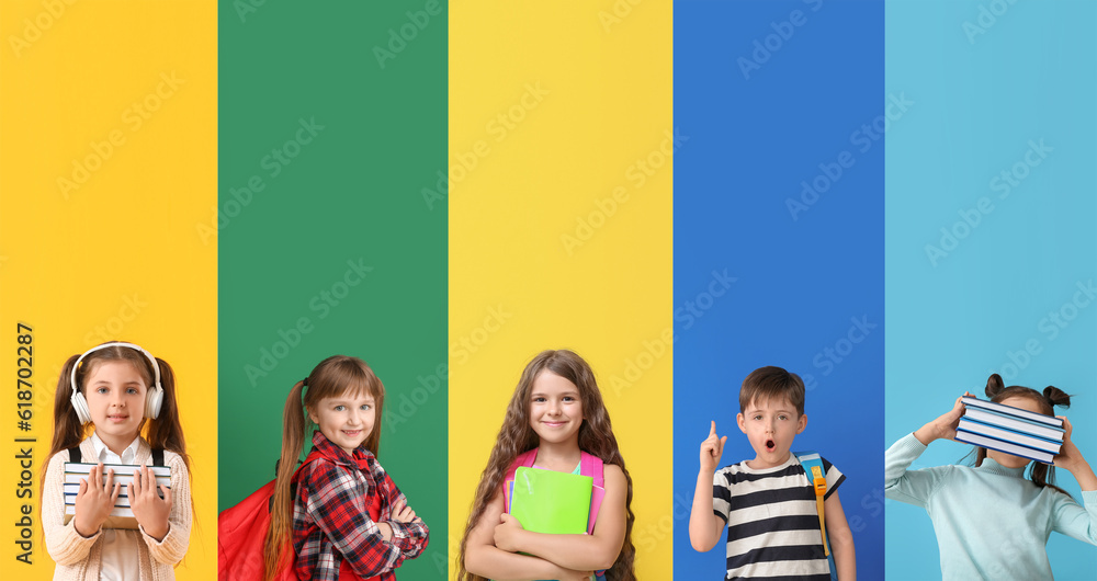 Set of many little students on color background