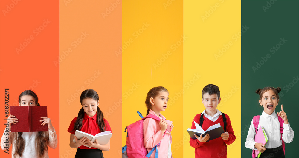 Set of many little students on color background