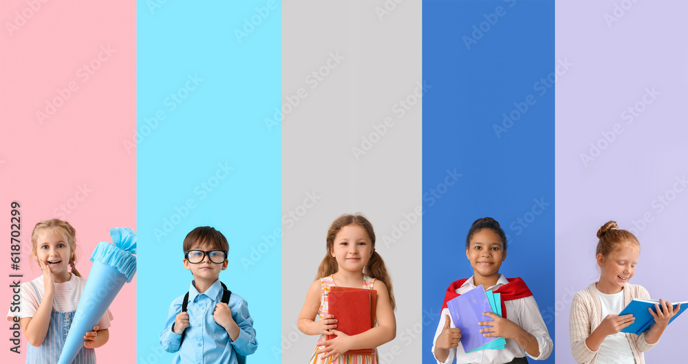 Set of many little students on color background