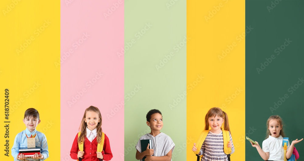 Set of many little students on color background