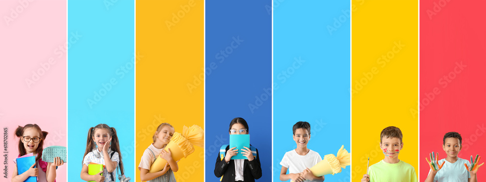 Set of many little students on color background