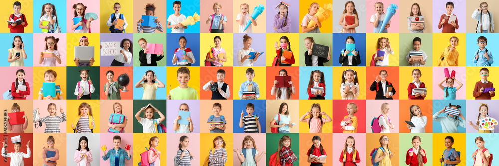 Collage with many little students on color background