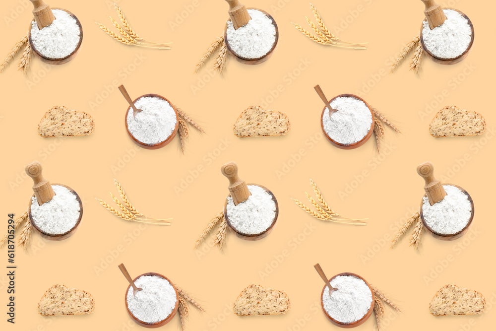 Pattern with tasty bread slices, wheat flour and ears on beige background