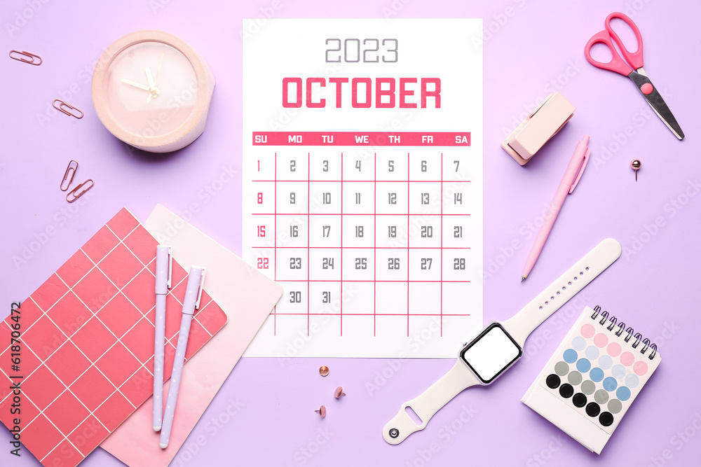 Composition with calendar, smartwatch, alarm clock and stationary on lilac background